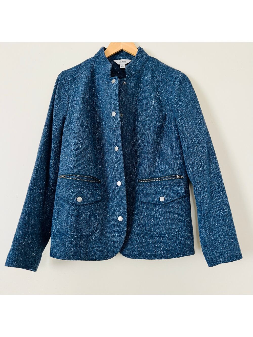 L.L.Bean Women's Tweed Blazer Jacket Wool Medium Blue Lined Elbow Patches